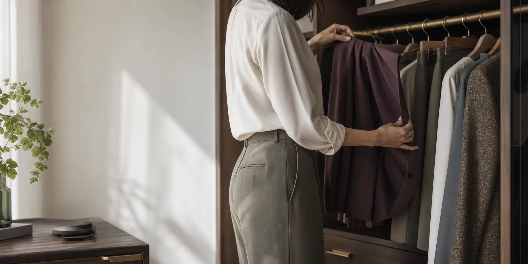 A woman reviewing a meaningful garment in a quiet closet.