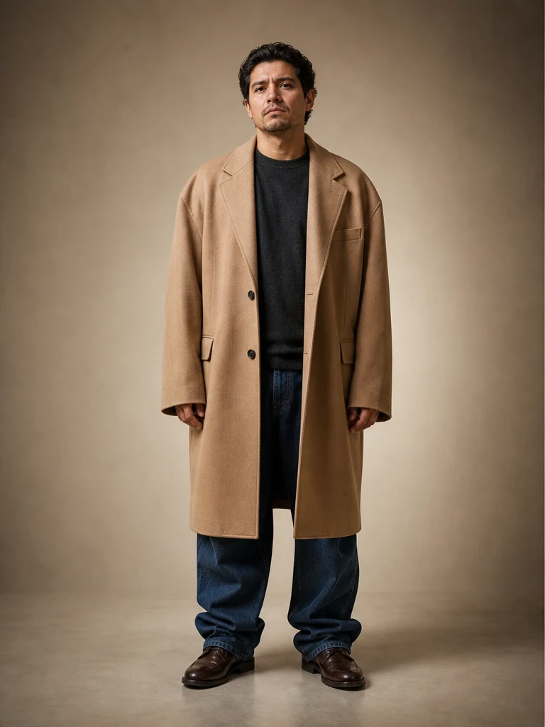A camel coat over denim with dropped shoulders, long sleeves, and excess denim bunching at the hem.